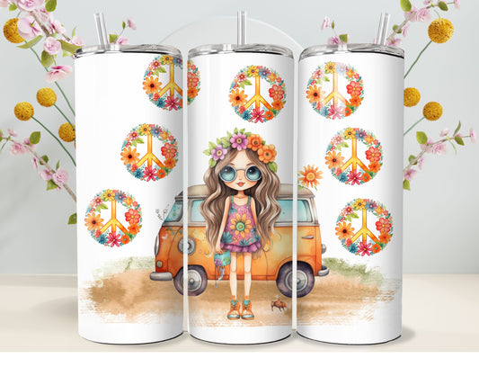 Retro Hippie Girl Tumbler 20oz Stainless Steel groovy Van and a Flower Child