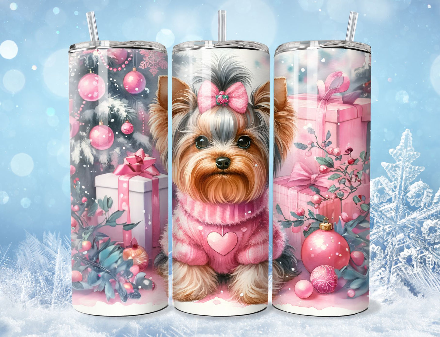 Pink Christmas Yorkie Holiday Puppy Dog