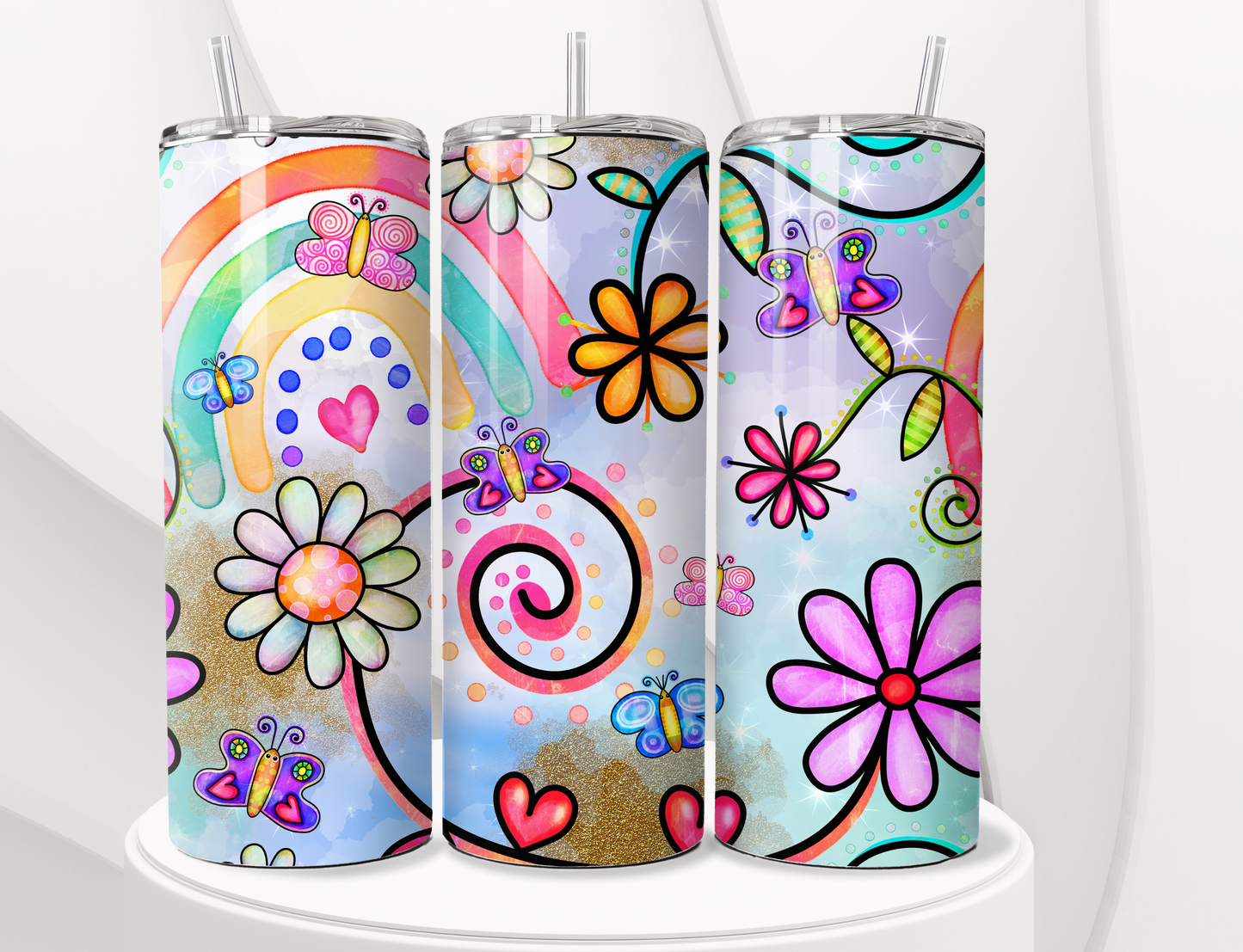 Doodle Tumbler with Butterflies - Insulated 20oz Stainless Steel Vacuum Sealed  with Lid and Straw