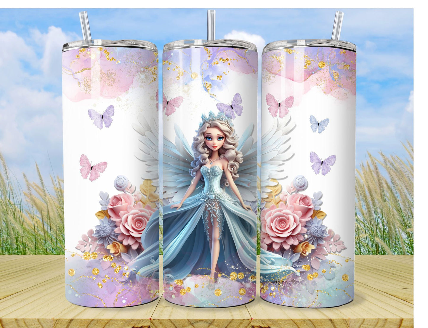 Princess Fairy Tumbler - Blue insulated Tumbler Cup with Straw and Lid - Travel Cup