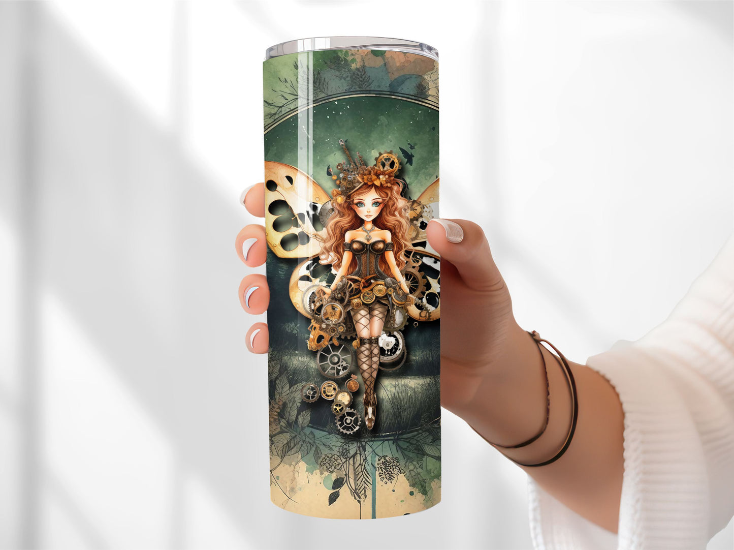 Fairy Steampunk Tumbler with Lid and Straw - Insulated Stainless Steal Hot/Cold Drink Tumbler