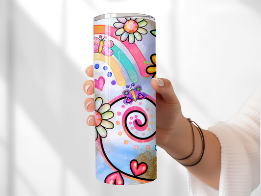 Doodle Tumbler with Butterflies - Insulated 20oz Stainless Steel Vacuum Sealed  with Lid and Straw