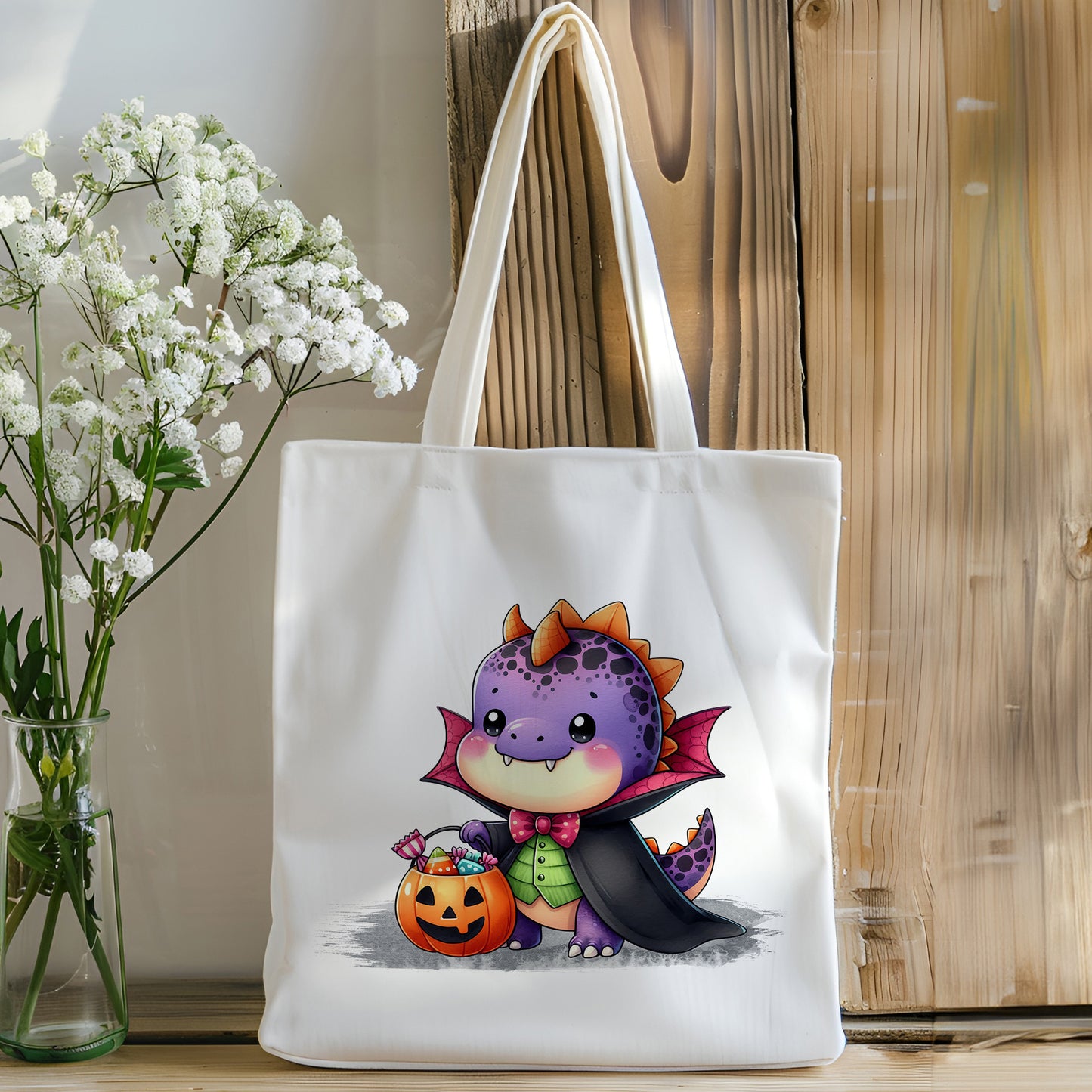 Reusable Tote Bag - Trick or Treat Dinosaur in Halloween Costume