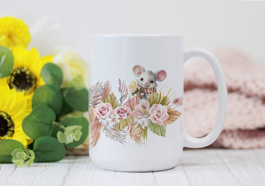 Cute Mice Ceramic Mug in Boho Flowers