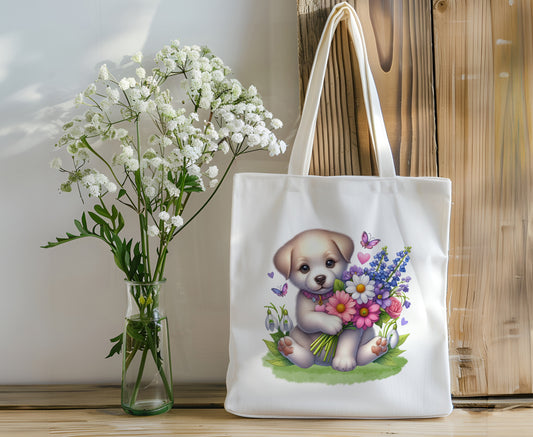 Cute Puppy Dog Tote - Reusable Canvas Book Bag - Personalize It!