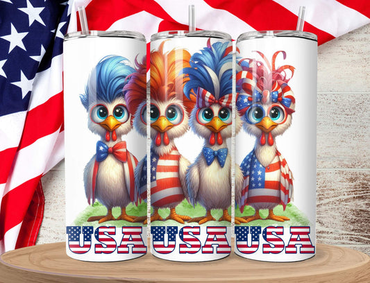 Patriotic Tumbler with Funny Chickens - Insulated 20oz Stainless Steel Vacuum Sealed  with Lid and Straw