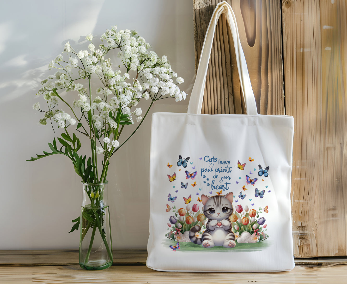 Cat Canvas Tote "Cats Leave Paw Prints on Your Heart" Kitten Book Bag Tote