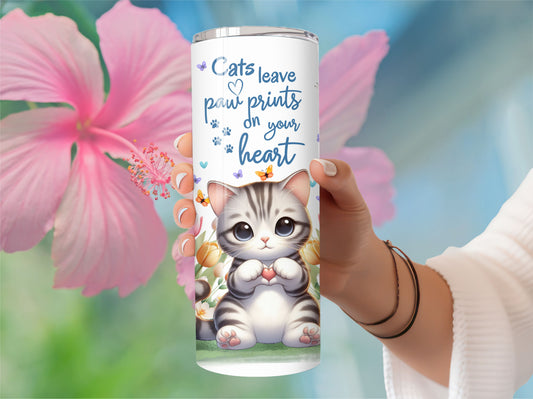 Cat tumbler - 20oz Stainless Steel Vacuum Sealed  Gray kitten Tumbler with Lid and Straw