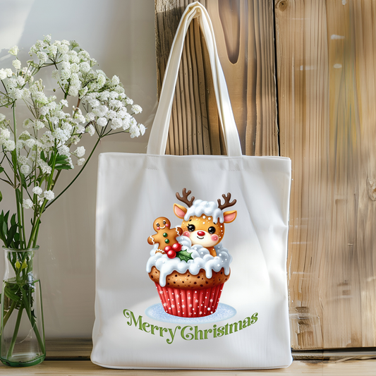 Christmas Tote Bag -  Reindeer Holiday Cupcake