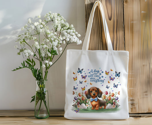 Adorable Dog Canvas Tote Bag - Dachshund with Blue Bow