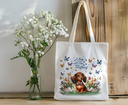 Adorable Dog Canvas Tote Bag - Dachshund with Pink Bow