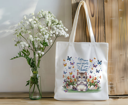 Kitten Canvas Reusable Tote "Cats Leave Paw Prints on Your Heart" Cat Book Bag Tote