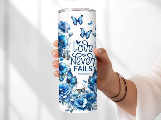 Inspirational Tumbler - Blue Flowers - Bible Verse Insulated 20oz Stainless Steel Vacuum Sealed  with Lid and Straw