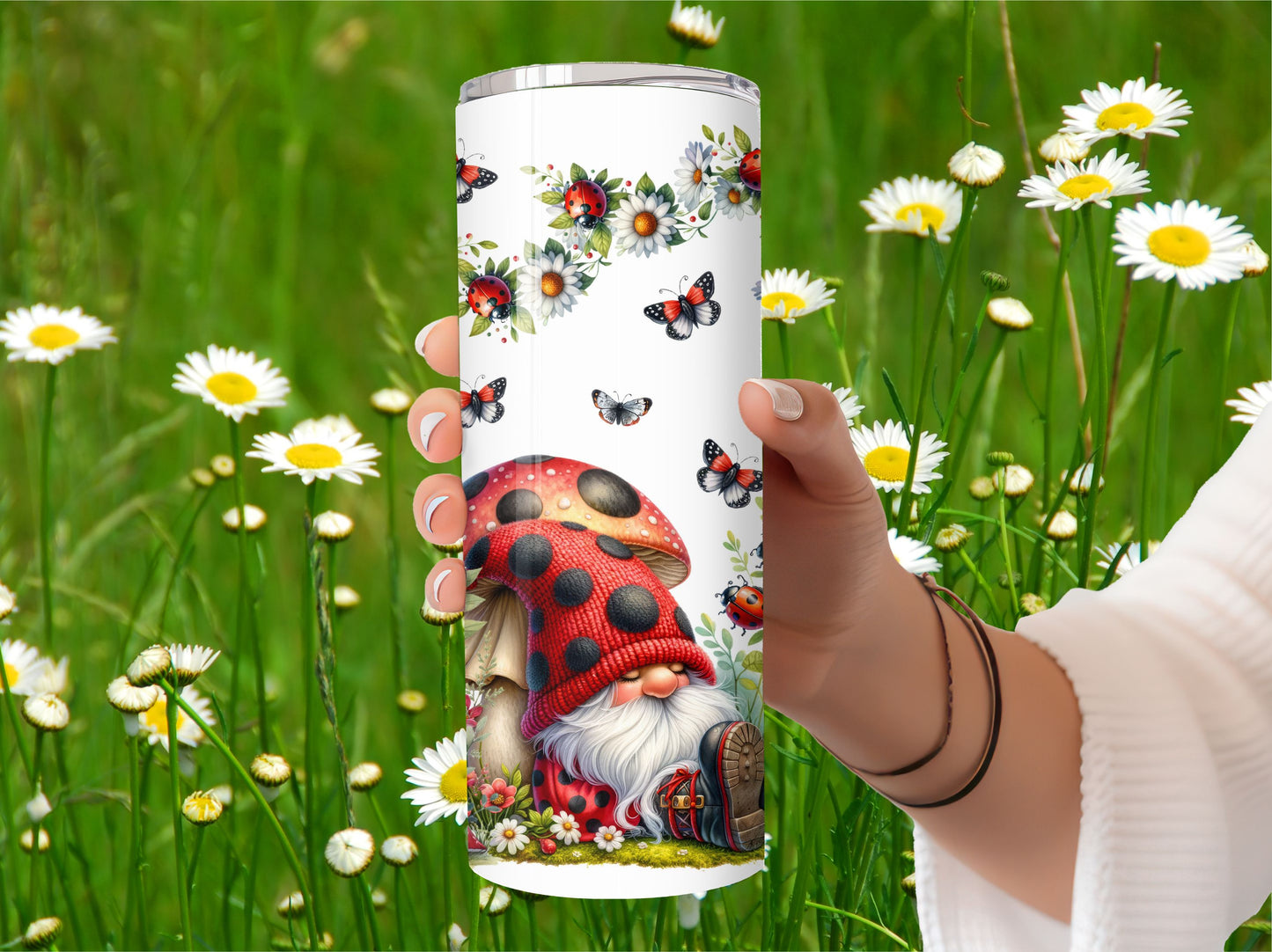 Ladybug and Gnomes Tumbler - Spring Flower Garden Stainless Steel Hot/Cold Tumbler with Lid and Straw