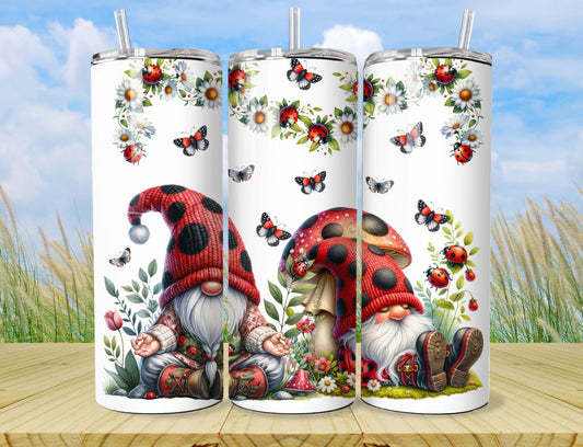 Ladybug and Gnomes Tumbler - Spring Flower Garden Stainless Steel Hot/Cold Tumbler with Lid and Straw
