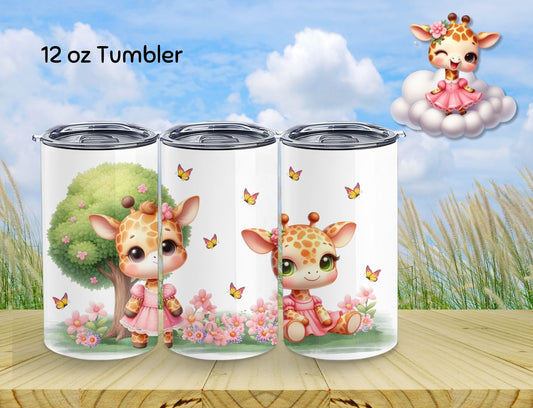 Tumbler - Pretty Pink Giraffe -  12 0z Kid Sized Stainless Steel Hot/Cold Drinkware. Also the Perfect Size for a Cup of Coffee