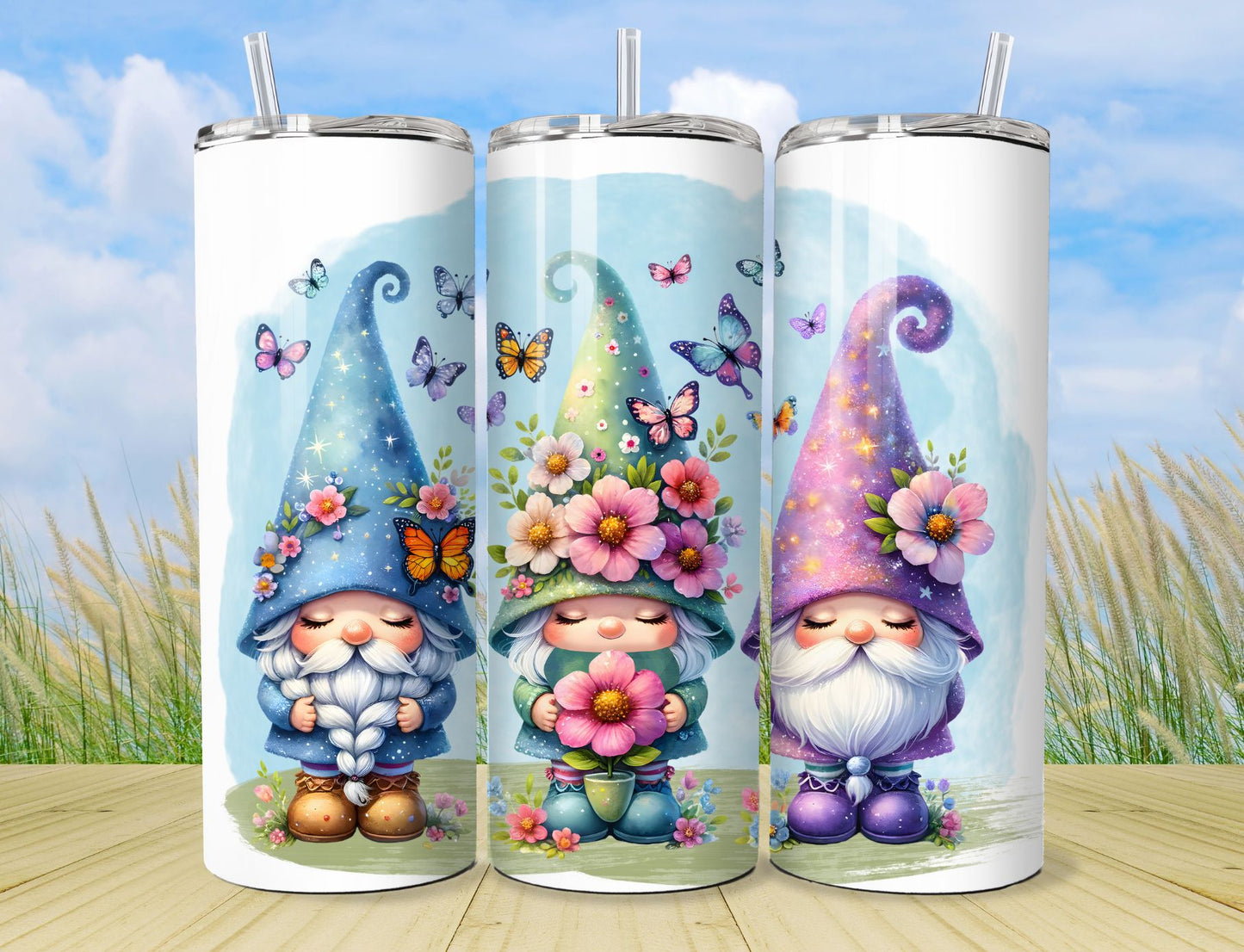 Spring Gnomes Tumbler - Flower Garden Stainless Steel Hot/Cold Tumbler with Lid and Straw