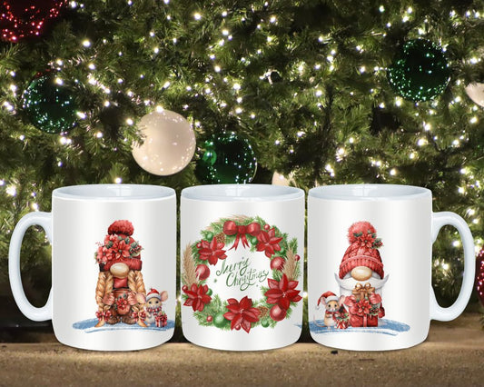 Merry Christmas Wreath and Gnomes Holiday Mug