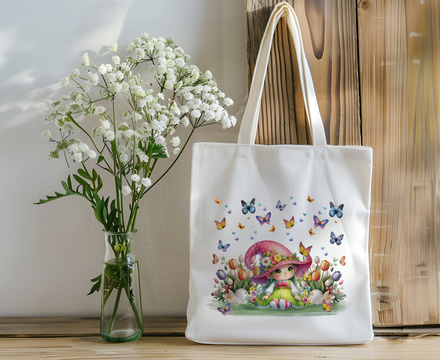 Gnome Canvas Tote Bag - Girl Gnome in the Flower Garden - Personalize It!