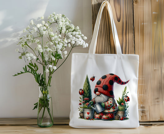 Gnome Canvas Tote Bag - Ladybug Gnome Tending the Garden - Personalize It!