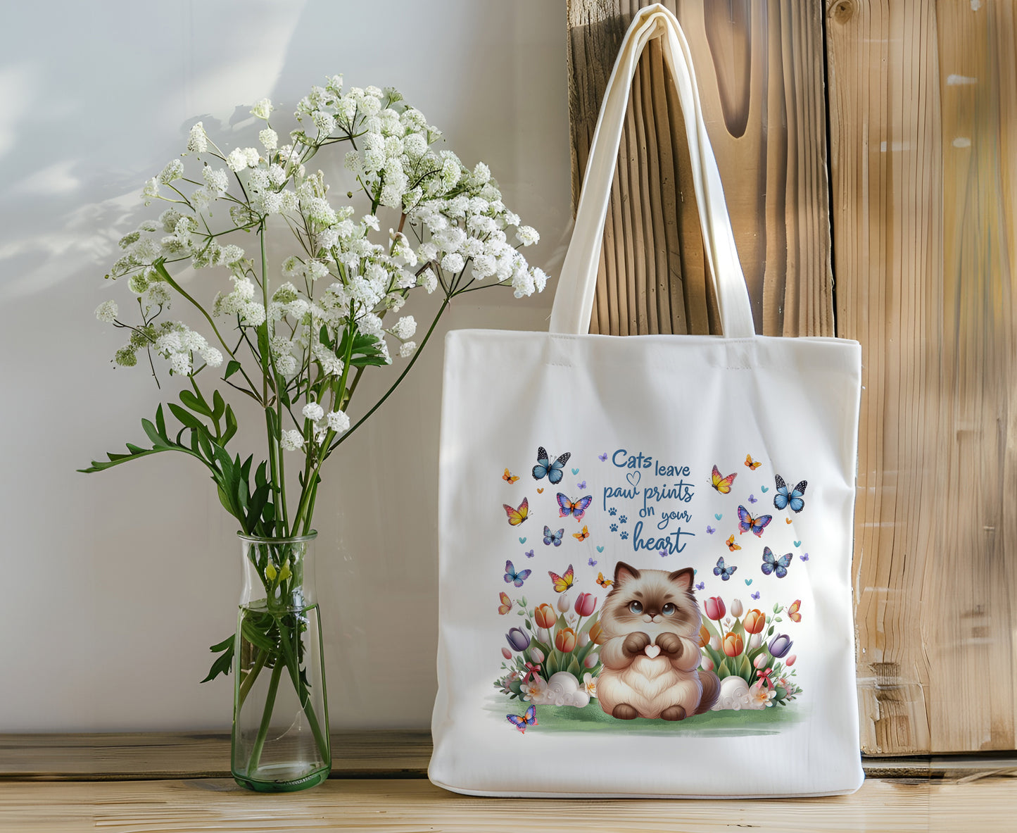 Kitty Cat Tote "Cats Leave Paw Prints on Your Heart" Reusable Book Bag