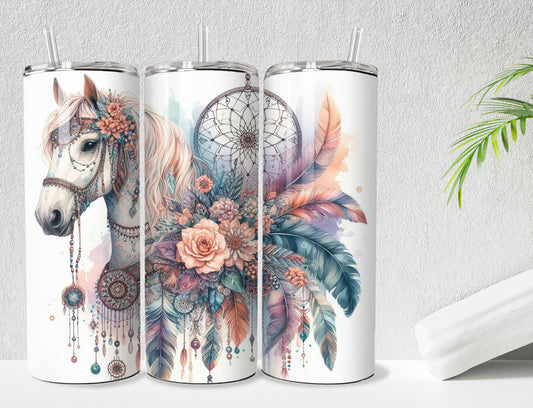 Horse Boho Tumbler - 20oz Stainless Steel Vacuum Sealed  with Lid and Straw