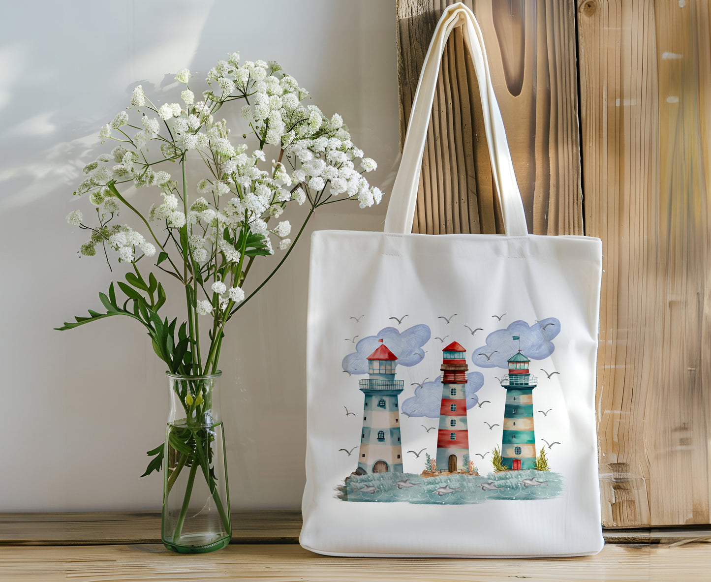 Lighthouse and Dolphins Tote - Reusable Bag  - Personalize It!