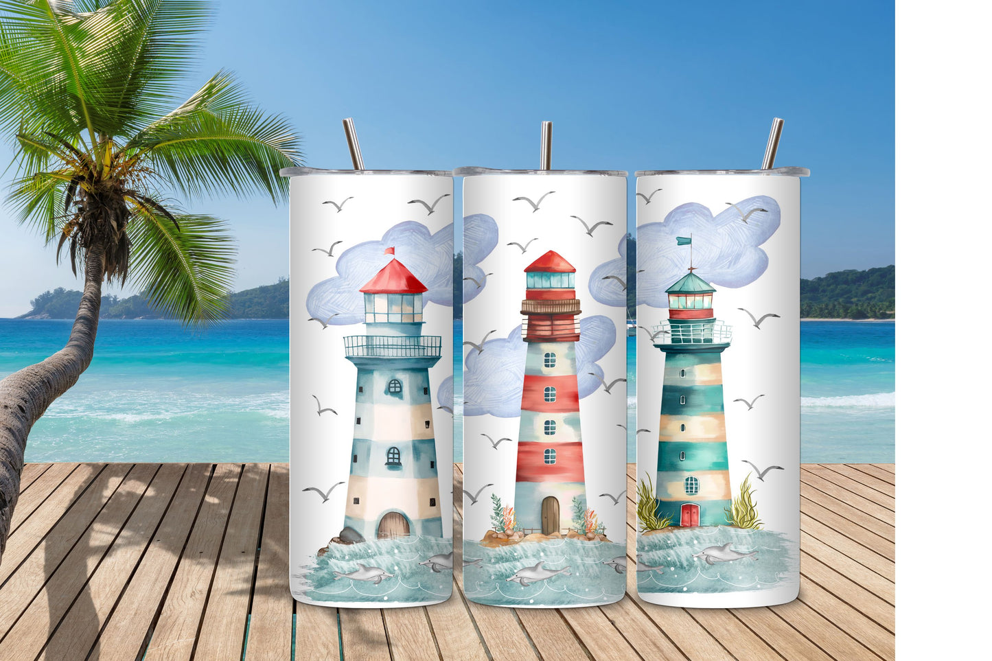 Tumbler Lighthouses - Stainless Steel Vacuum Sealed Tumbler with Lid and Straw