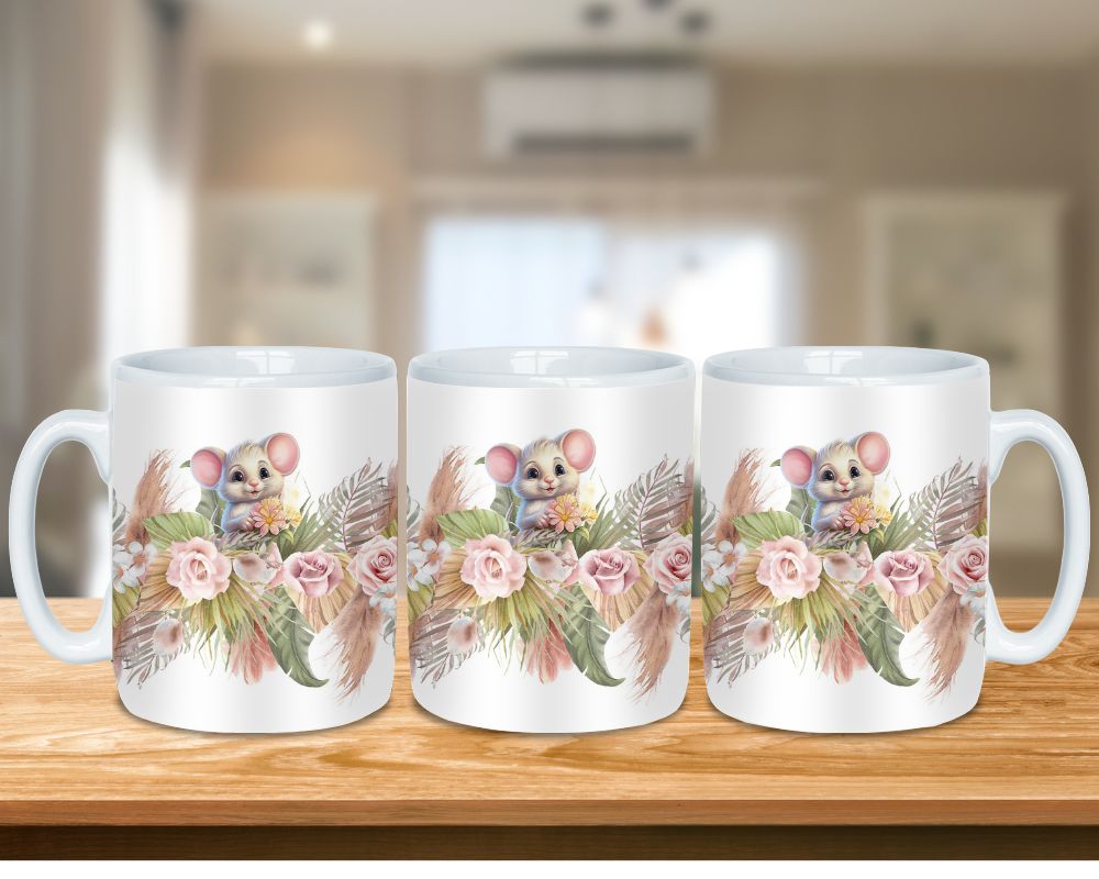 Cute Mice Ceramic Mug in Boho Flowers