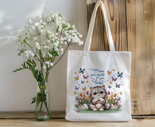 Domestic Cat Book Bag Tote "Cats Leave Paw Prints on Your Heart"