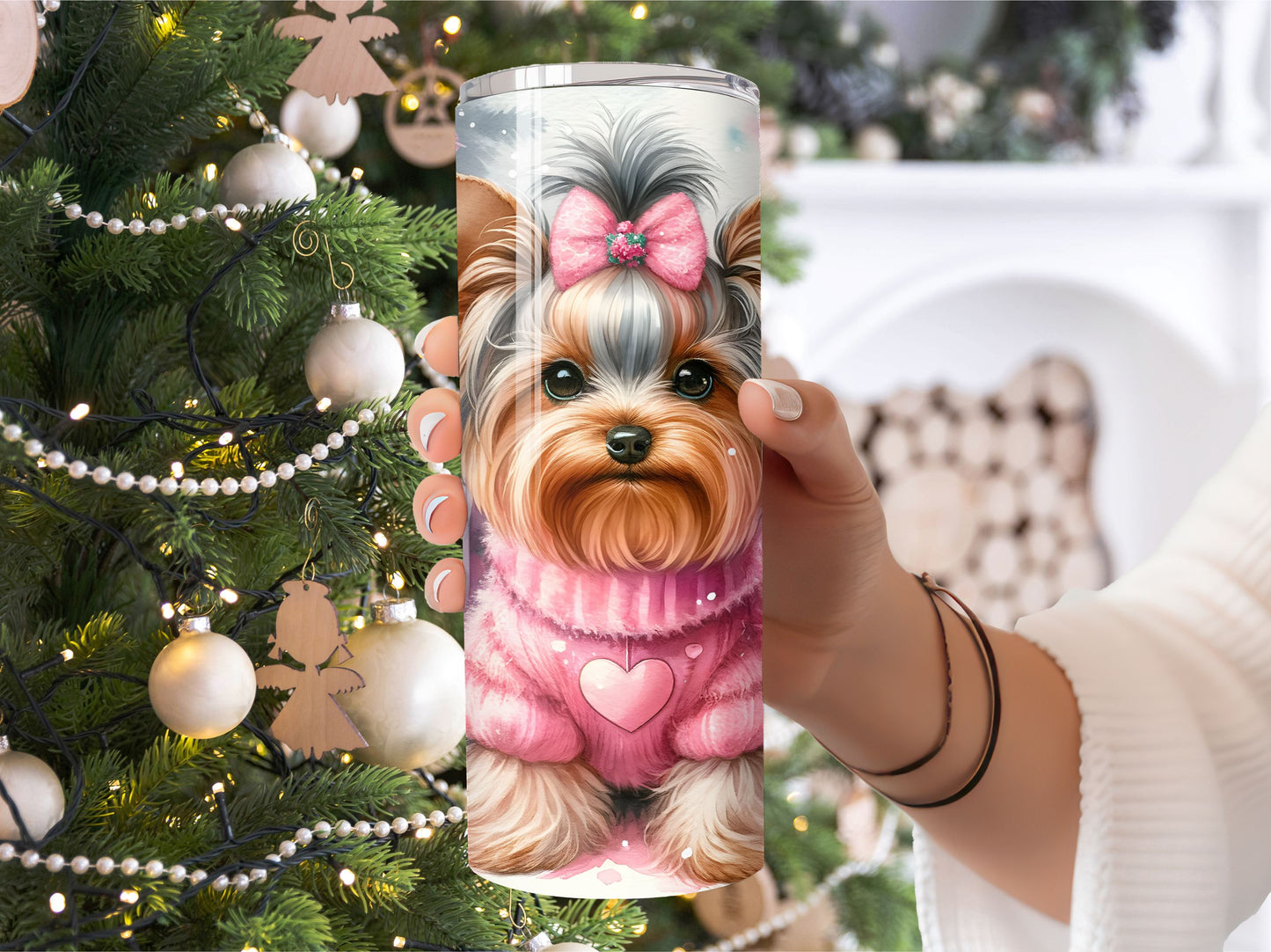 Pink Christmas Yorkie Holiday Puppy Dog