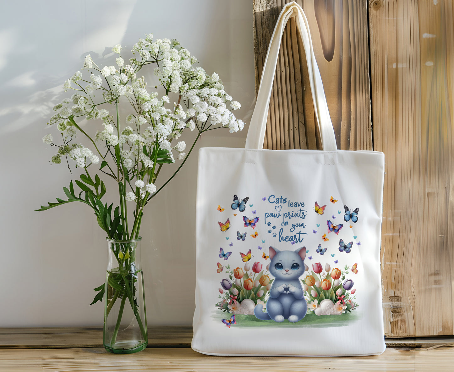 Cat Book Bag Tote "Cats Leave Paw Prints on Your Heart"