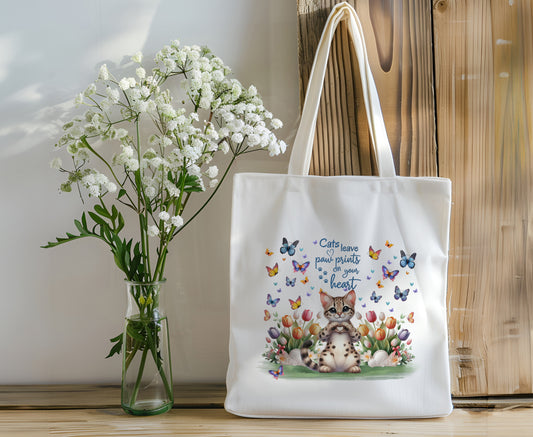 Cat Book Bag Tote "Cats Leave Paw Prints on Your Heart"