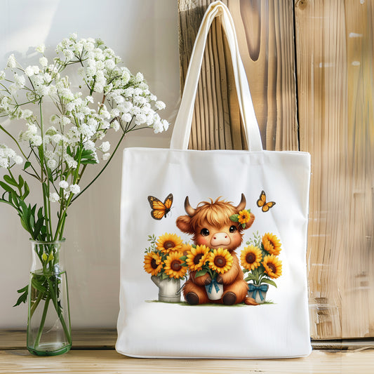 Canvas Tote Bag - Highland Cow and Sunflowers