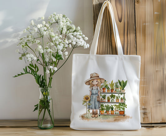 Tote Book Bag can be Personalized - Gardening Girl with Her Plants - Personalize It!