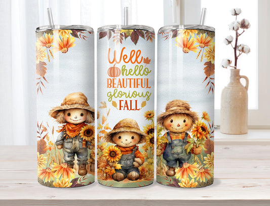 Fall Tumbler - Sunflowers and Scarecrows Autumn 20oz Stainless Steel Tumbler, Pumpkin Patch Harvest