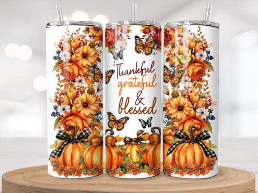 Fall Tumbler - Thanksgiving 20oz Stainless Steel Vacuum Sealed  with Lid and Straw