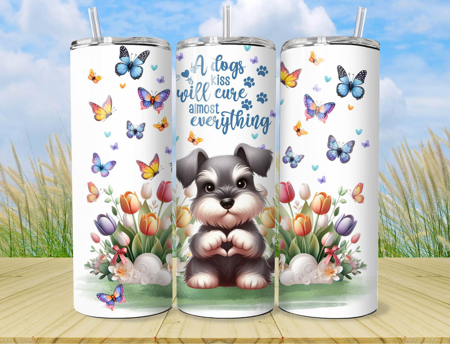 Dog Tumbler - Schnauzer Puppy Dog -  Stainless Steel Vacuum Sealed Pet Tumbler with Lid and Straw