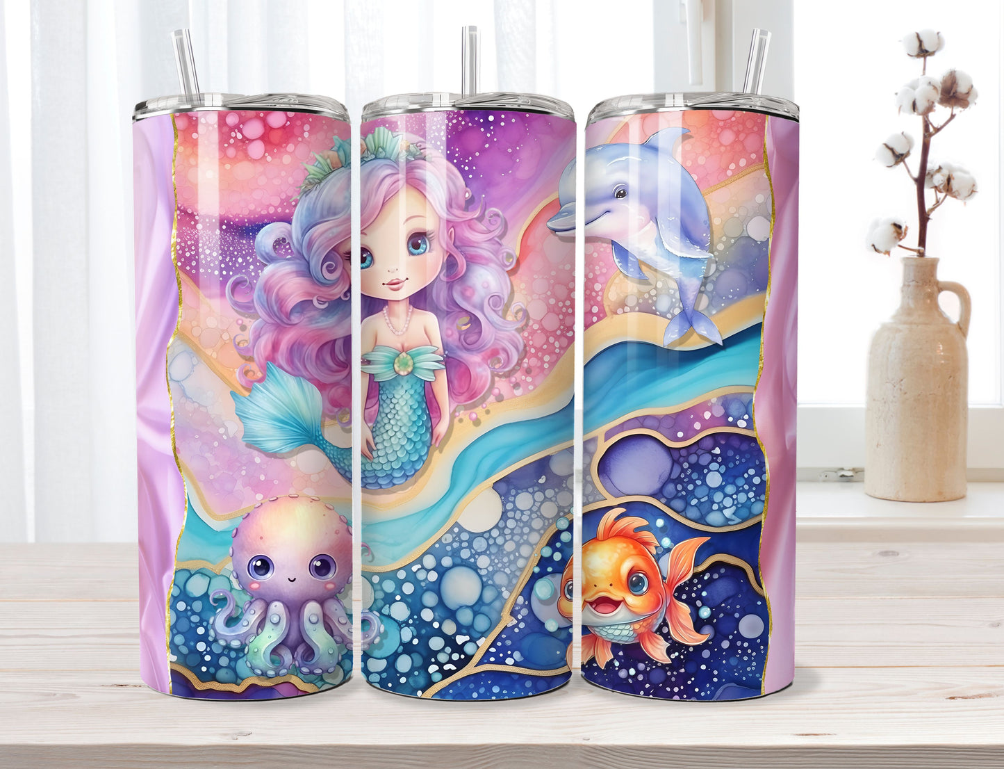 Vibrant Colors Mermaid Tumbler 20oz Stainless Steel, Marine and Sea Life
