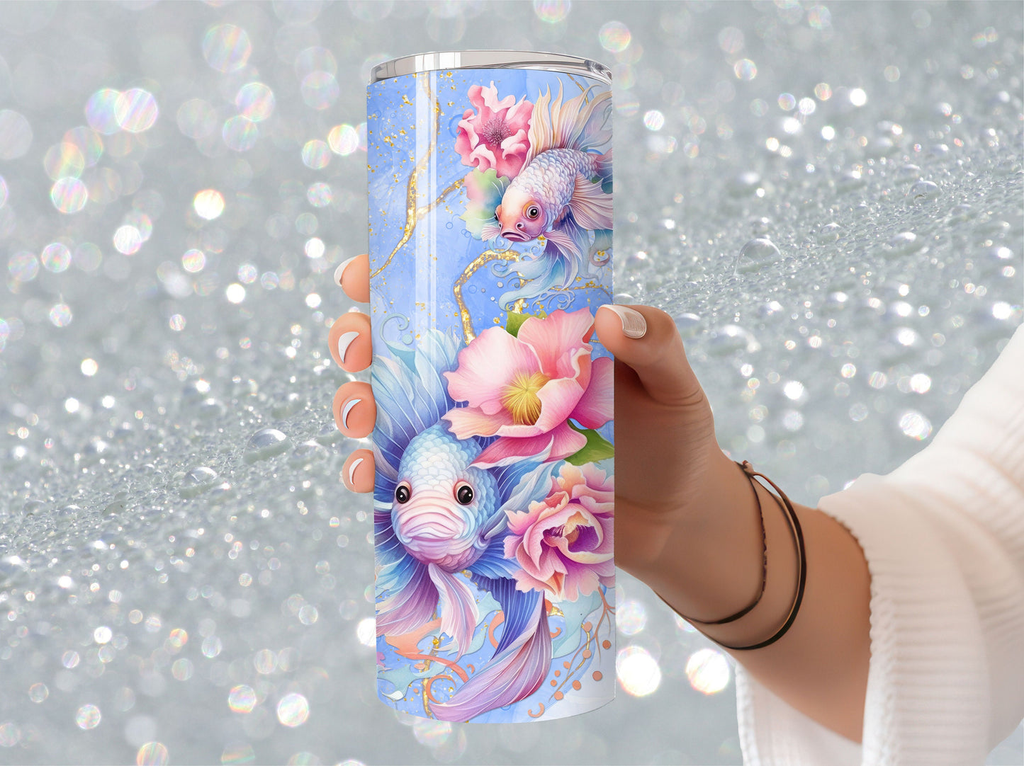 Beautiful Blue Fish Fairies, 20oz Stainless Steel Tumbler, Koi Pond Double Wall Vacuum sealed Tumbler