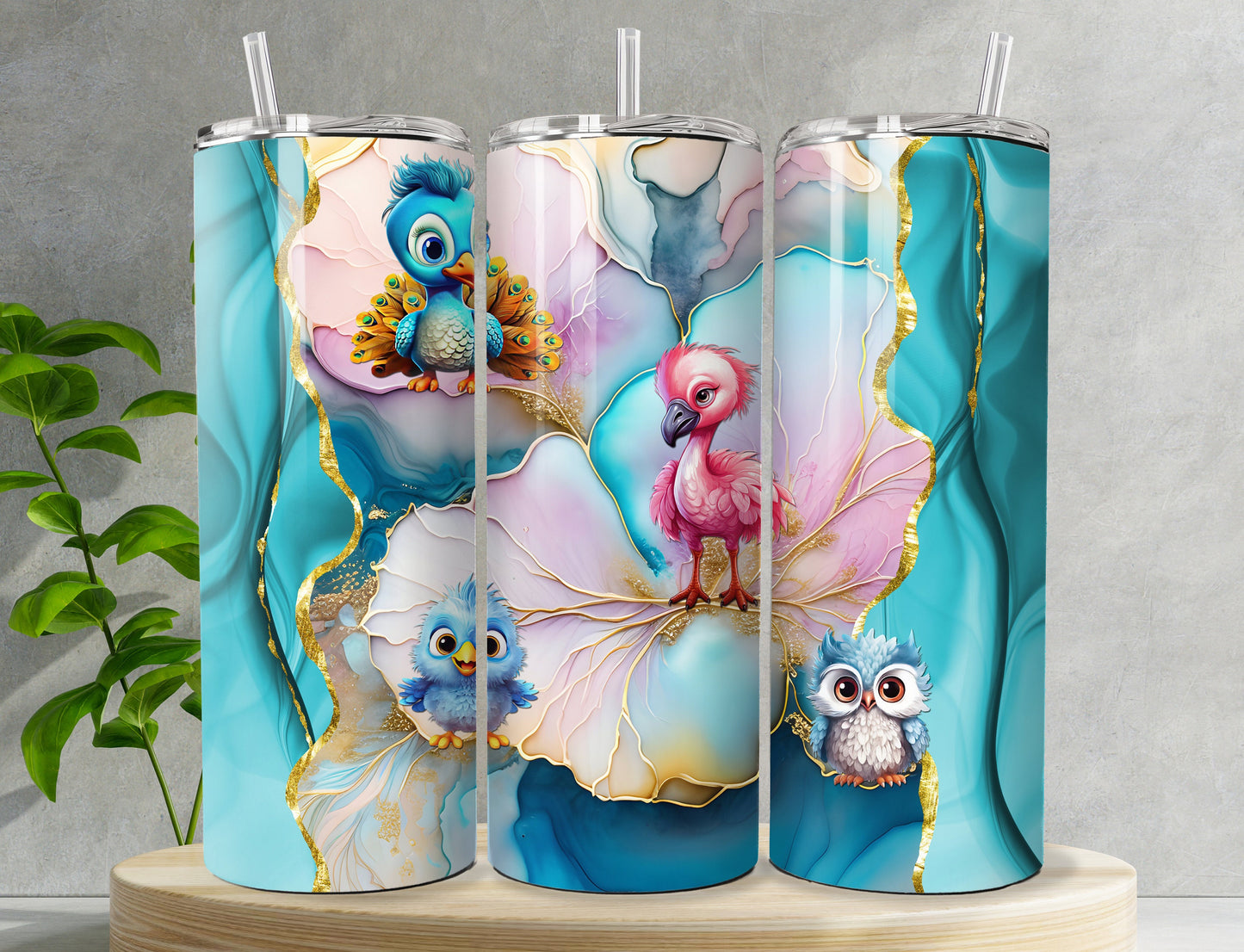 Tumbler with Baby Birds on Abstract Flowers 20oz Stainless Steel Tumbler