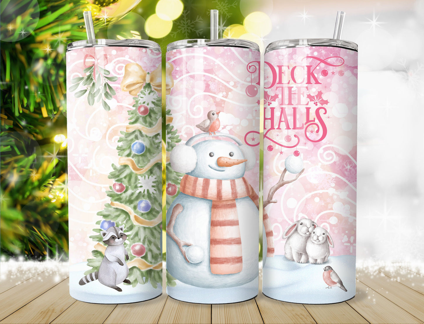 Christmas Tumbler - Deck the Halls Holiday Snowman 20oz Stainless Steel Tumbler with Lid and Straw