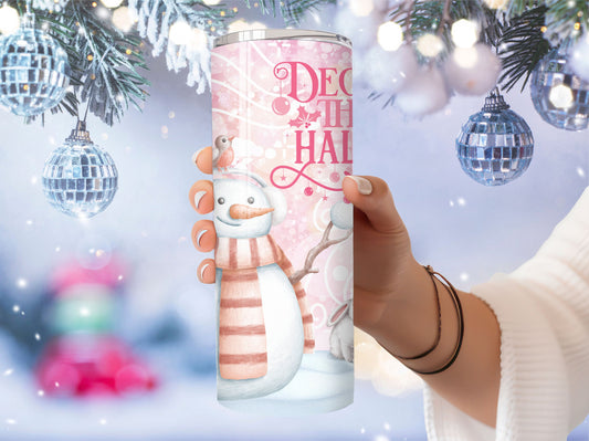 Christmas Tumbler - Deck the Halls Holiday Snowman 20oz Stainless Steel Tumbler with Lid and Straw