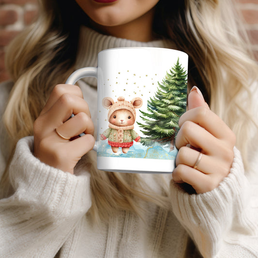 Christmas Ceramic Mug - Holiday Tea Cup - Cozy Forest Animals and Christmas Trees