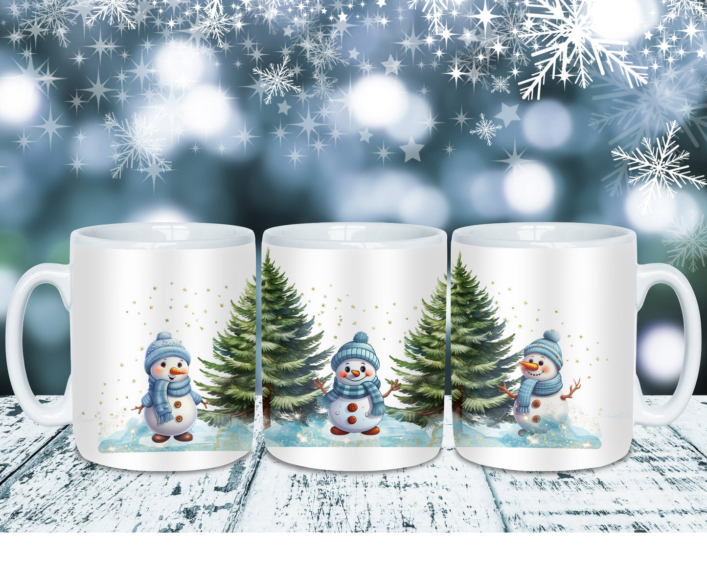 Christmas Ceramic Mug - 15 oz Holiday Tea Cup - Cozy Snowman and Christmas Trees